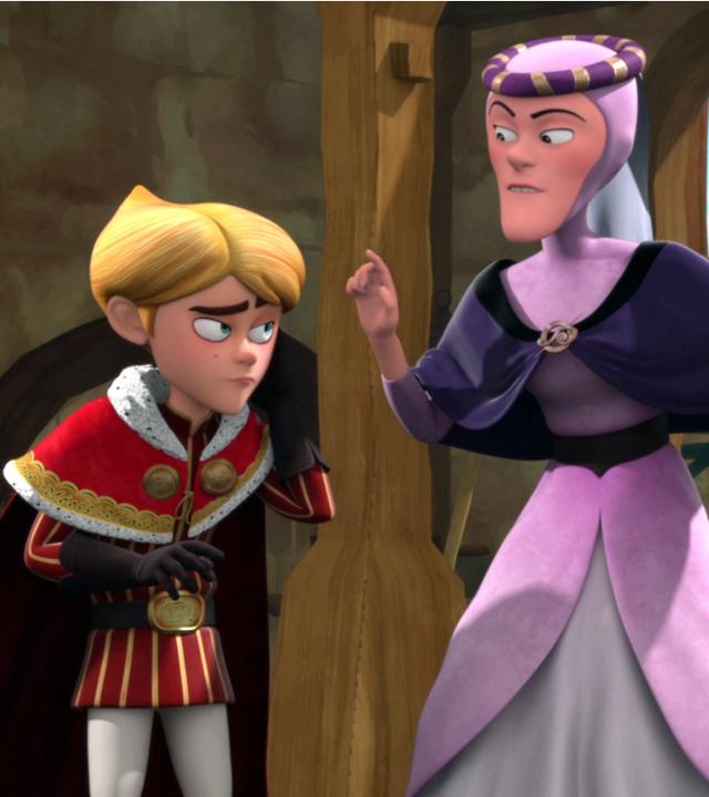 Prinz John und Robin werden von Lady Rohesia (Mitte) getadelt. Sie hat ihren rechten Zeigefinger erhoben, Robin hält sich mit der rechten Hand das Ohr.