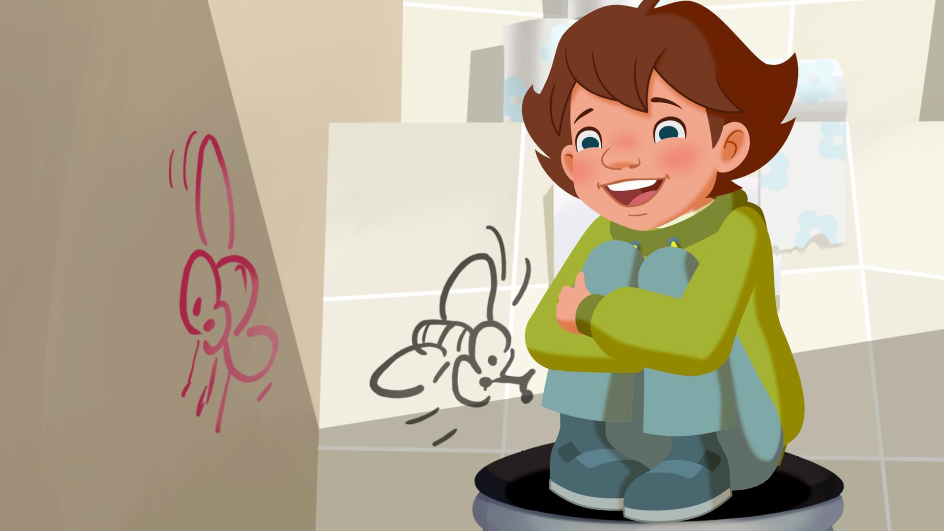 Fritzi sitzt mit zusammengezogenen Knien auf dem Klo.