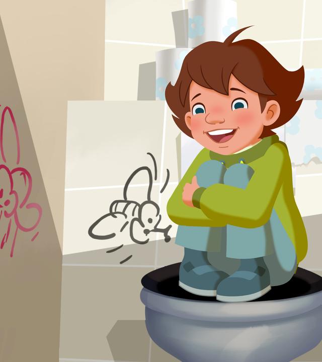 Fritzi sitzt mit zusammengezogenen Knien auf dem Klo.