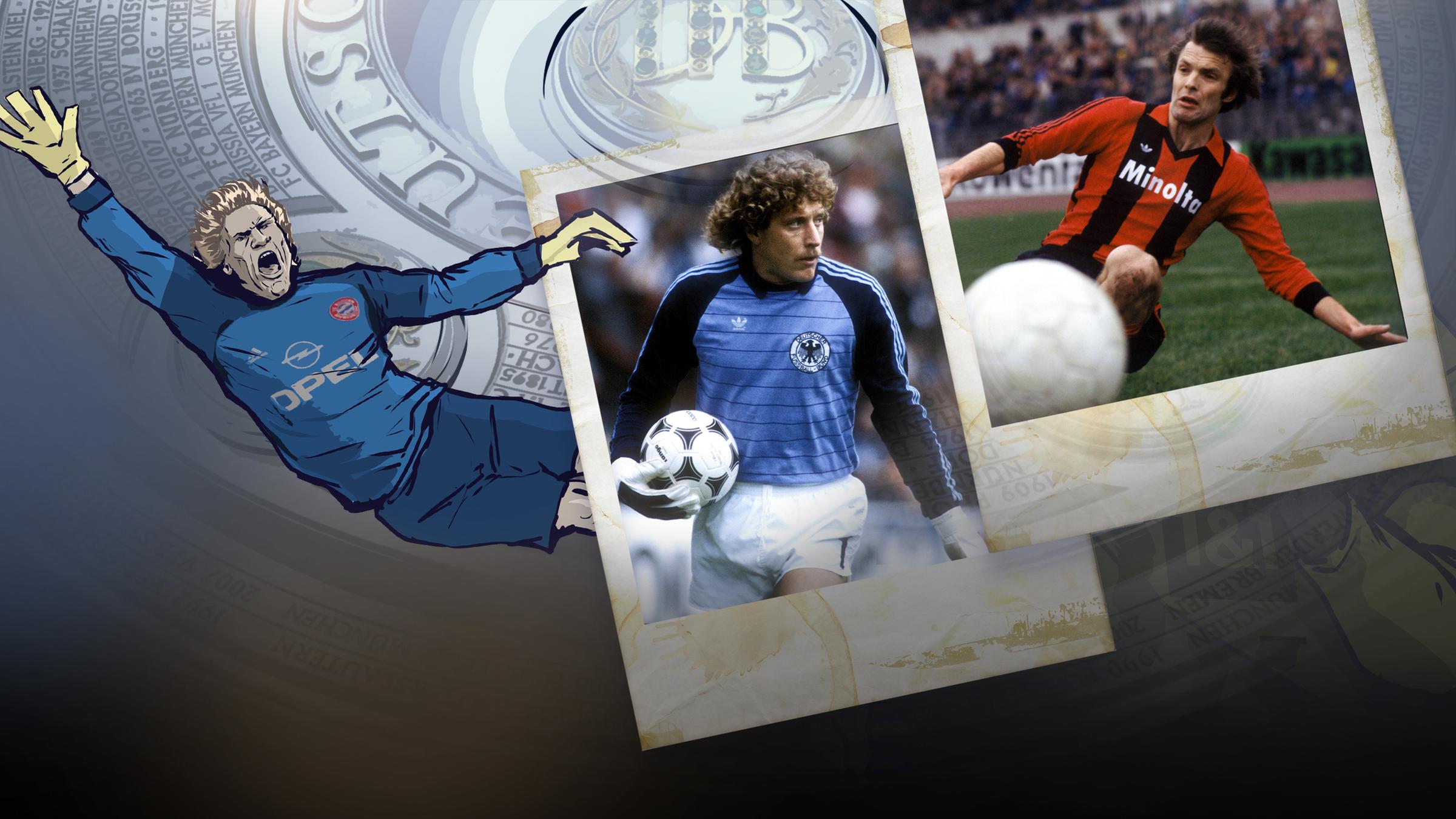 Karrikatur von Oliver Kahn vor der gezeichneten Meisterschale. Schumacher und Körbel