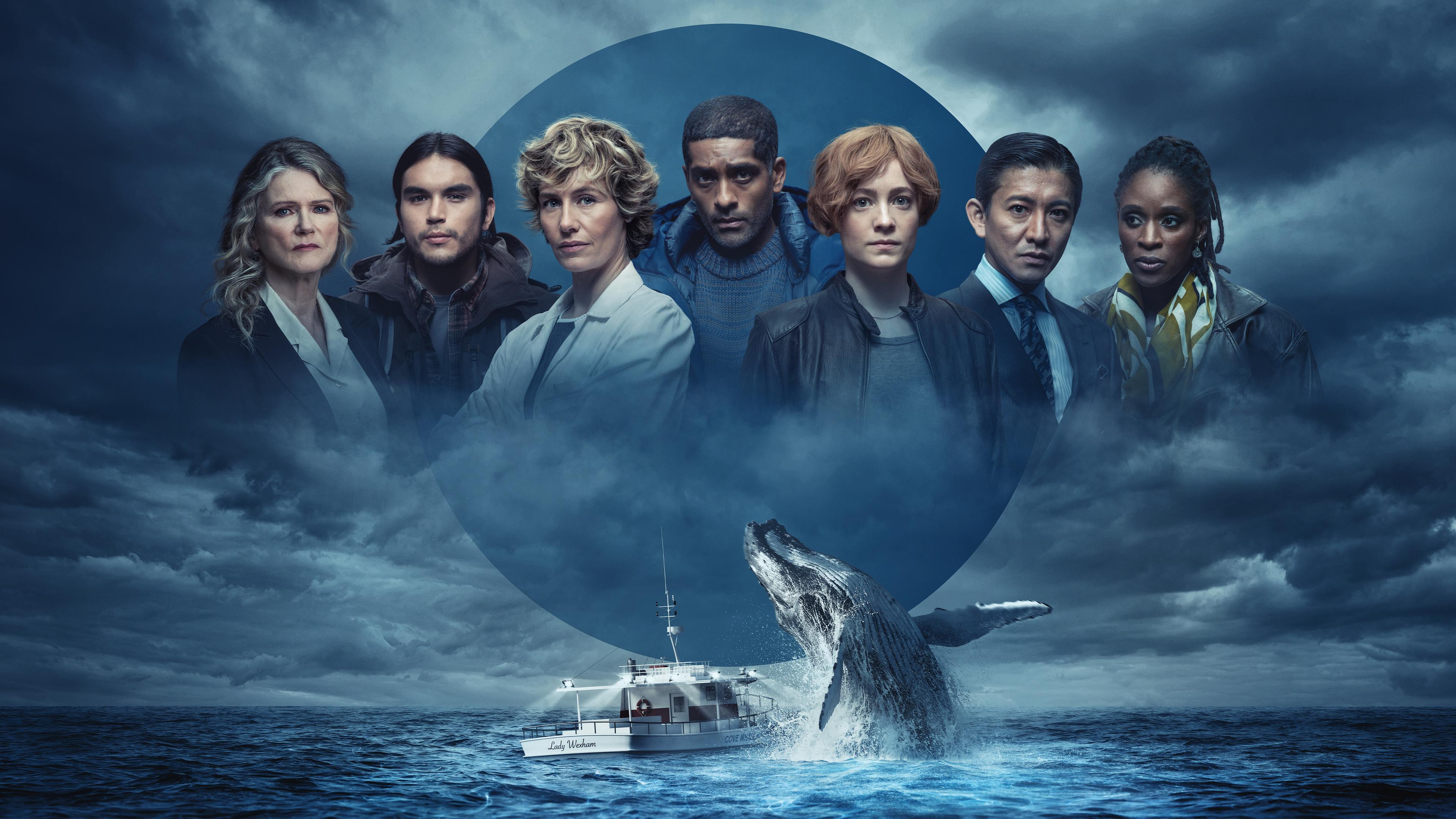 "Der Schwarm" - Cast: Von links: Dr. Katharina Lehmann (Barbara Sukowa), Leon Anawak (Joshua Odjick), Dr. Cécile Roche (Cécile de France), Dr. Sigur Johanson (Alexander Karim), Charlie Wagner (Leonie Benesch), Mifune (Takuya Kimura), Samantha Crowe (Sharon Duncan-Brewster)