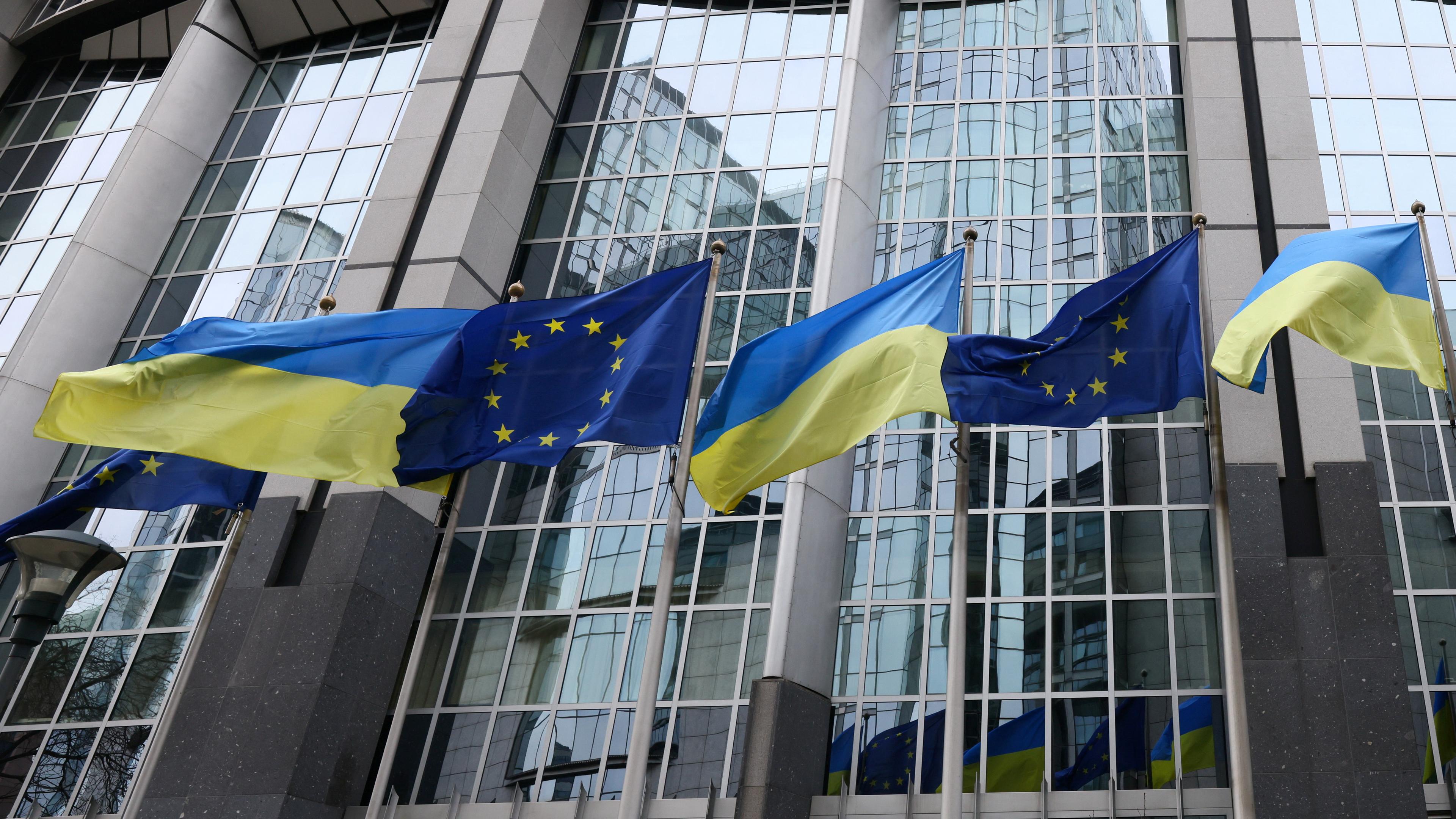 Flags of Ukraine fly in front of the EU Parliament building on the first anniversary of the Russian invasion, in Brussels, Belgium February 24, 2023
