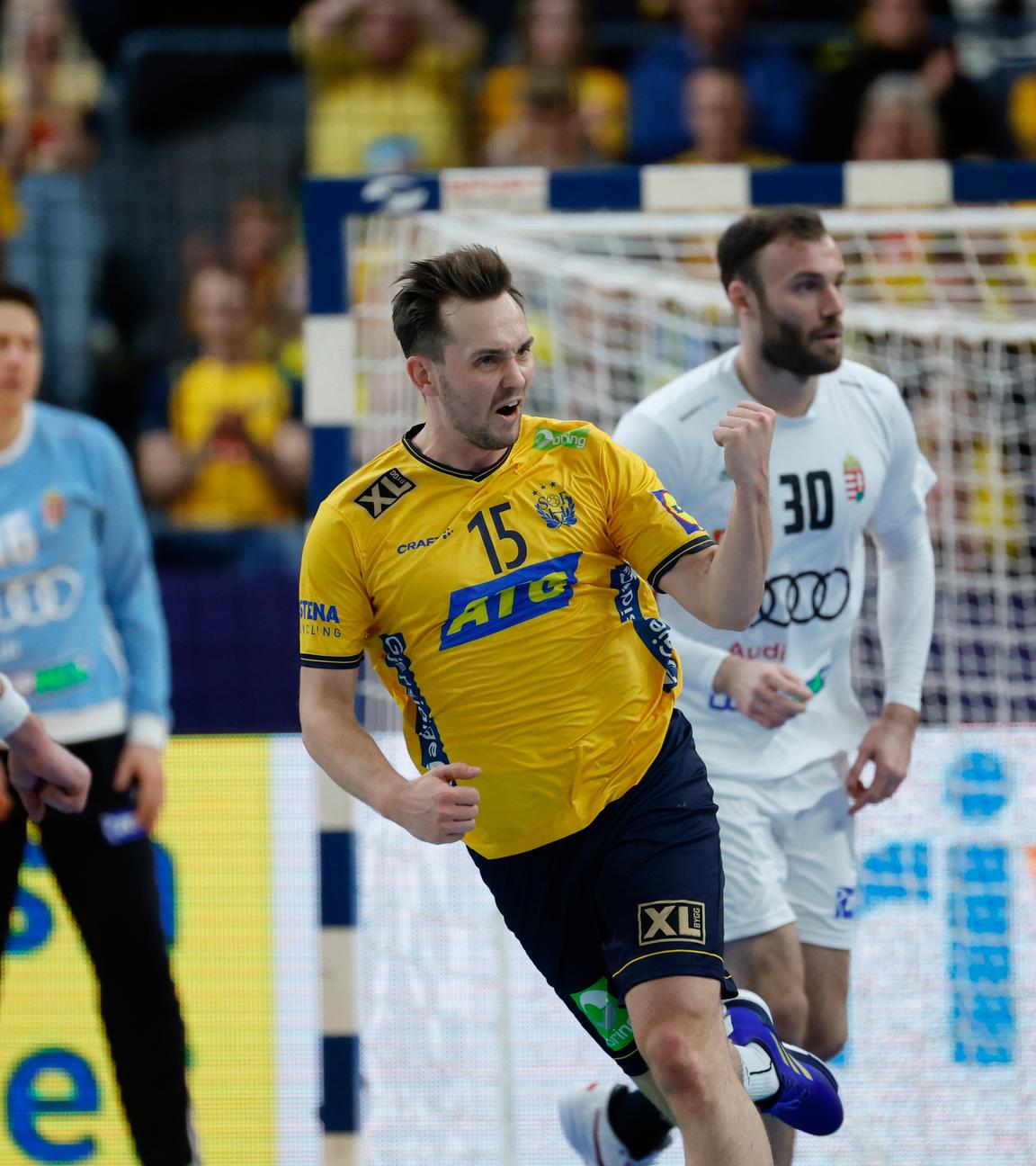 Der Schwede Hampus Wanne feiert im Spiel gegen Ungarn ein Tor.
