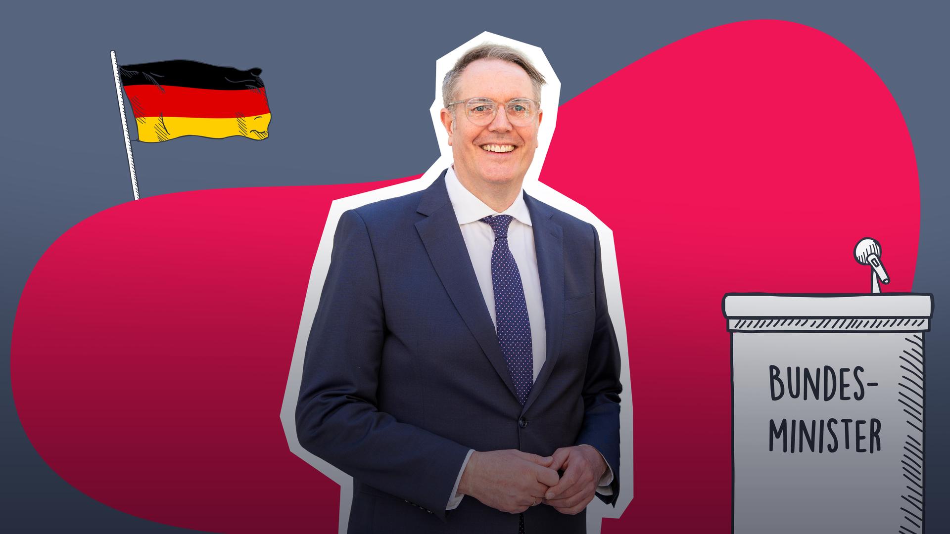 Illustration mit Bundesarbeitsminister Schweitzer im Anzug vor stilisiertem Hintergrund; daneben eine deutsche Flagge und ein Rednerpult mit der Aufschrift „Bundes-Minister“.