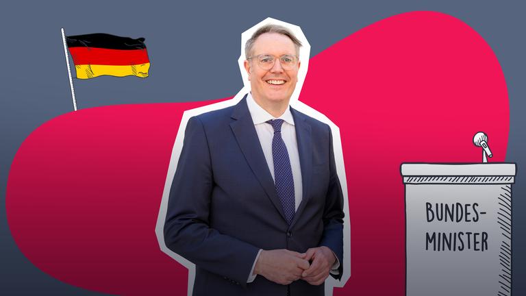 Illustration mit Bundesarbeitsminister Schweitzer im Anzug vor stilisiertem Hintergrund; daneben eine deutsche Flagge und ein Rednerpult mit der Aufschrift „Bundes-Minister“.