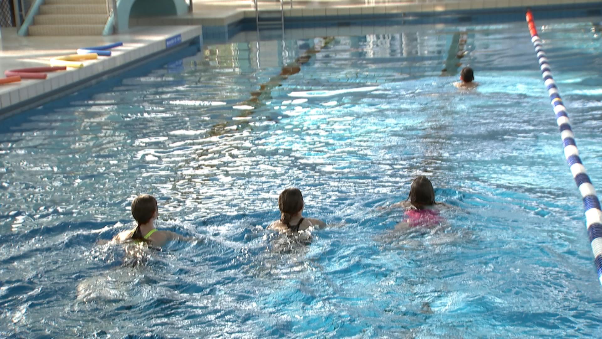 Ein Schwimmbecken, indem drei Schülerinnen von hinten zu sehen sind, die im Wasser schwimmen. 