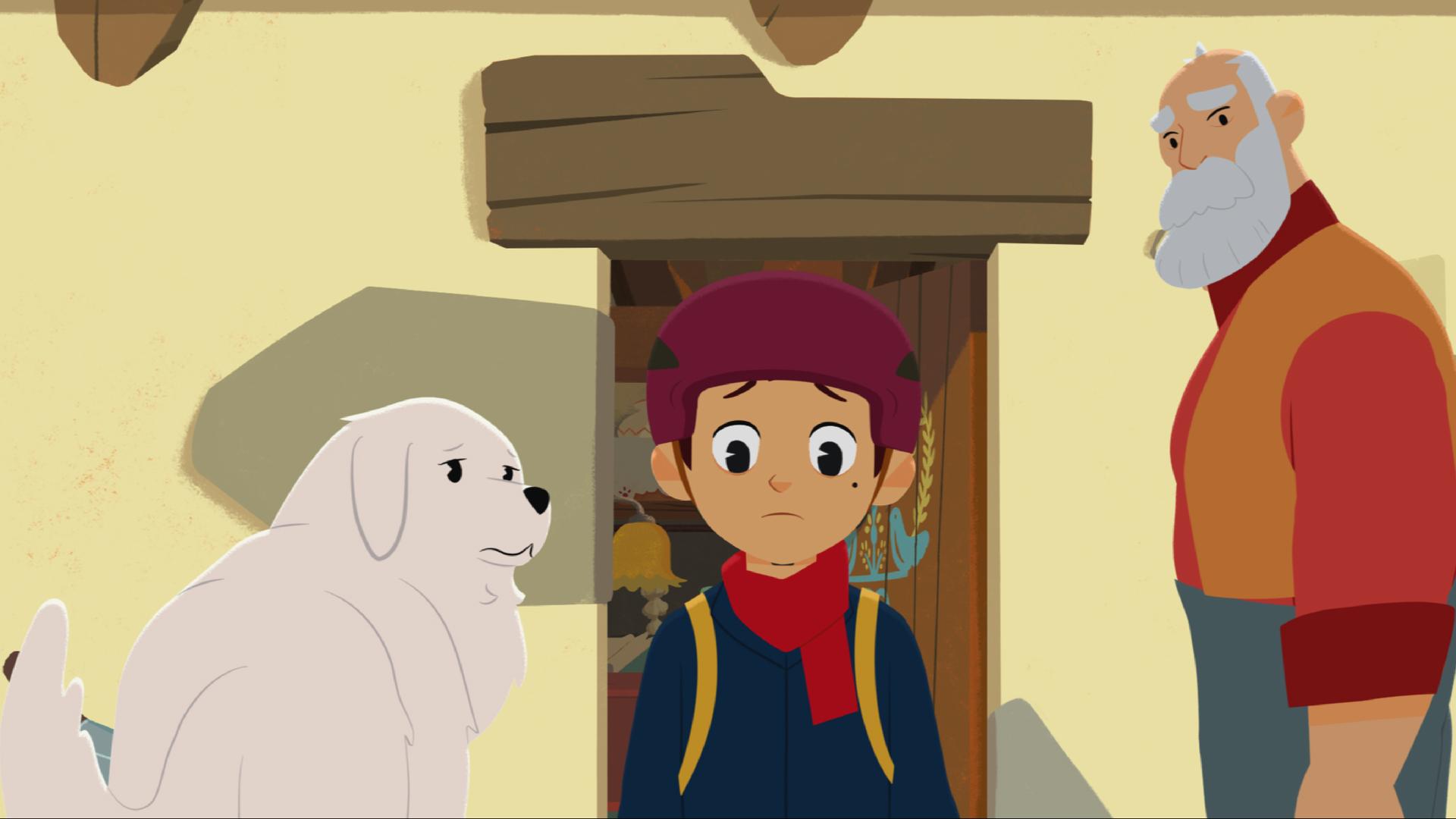 Sebastian in voller Klettermontur. Er verlässt Cesars Haus, während Cesar und Belle skeptisch hinterherblicken.