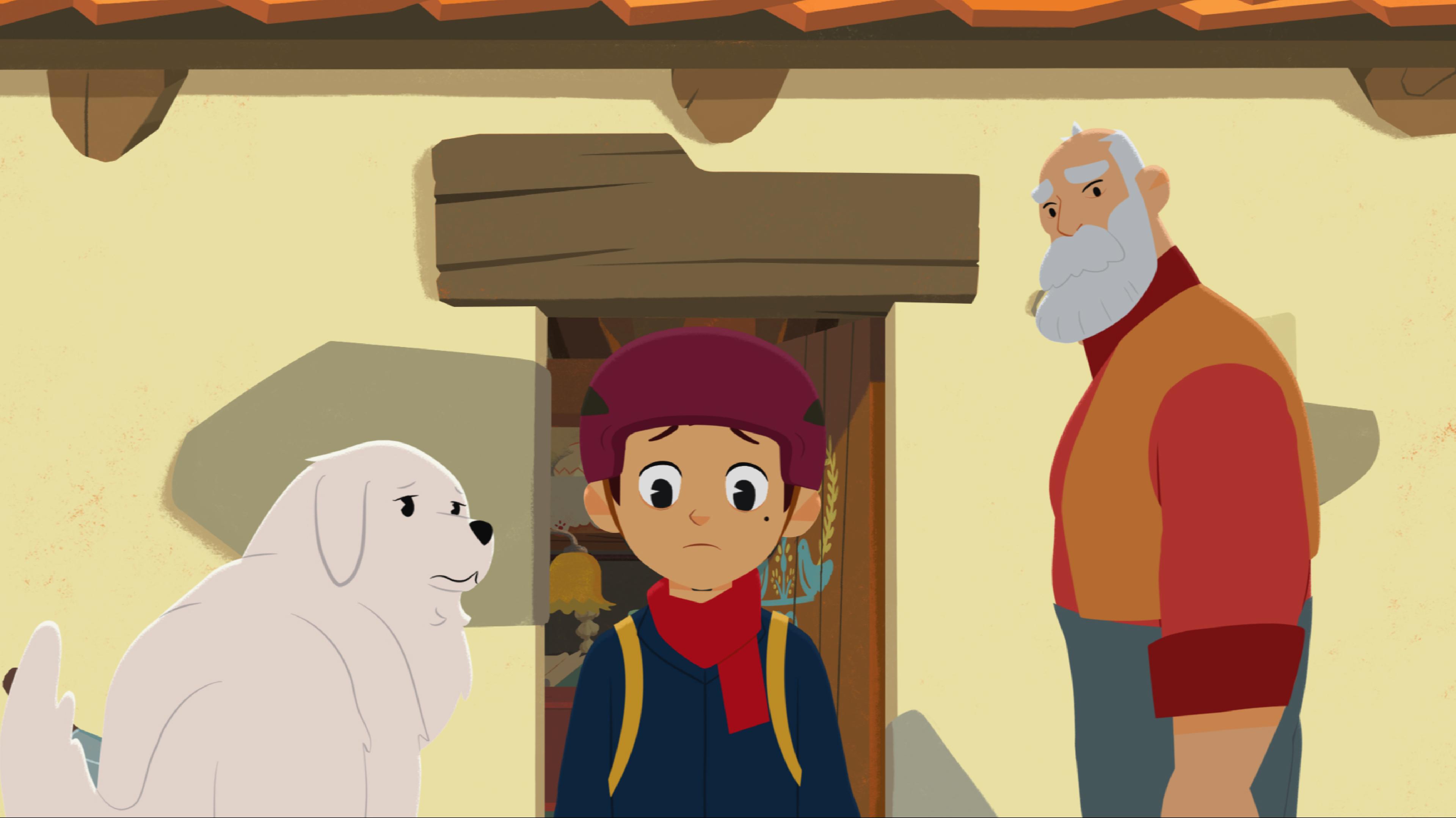 Sebastian (mitte) in voller Klettermontur. Er verlässt Cesars Haus, während Cesar (rechts) und Belle (links) skeptisch hinterherblicken.