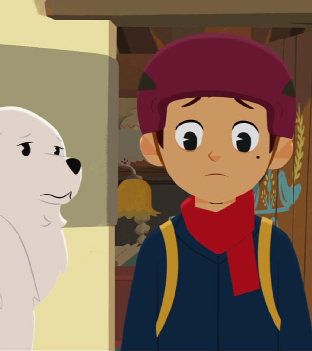 Sebastian in voller Klettermontur. Er verlässt Cesars Haus, während Cesar und Belle skeptisch hinterherblicken.