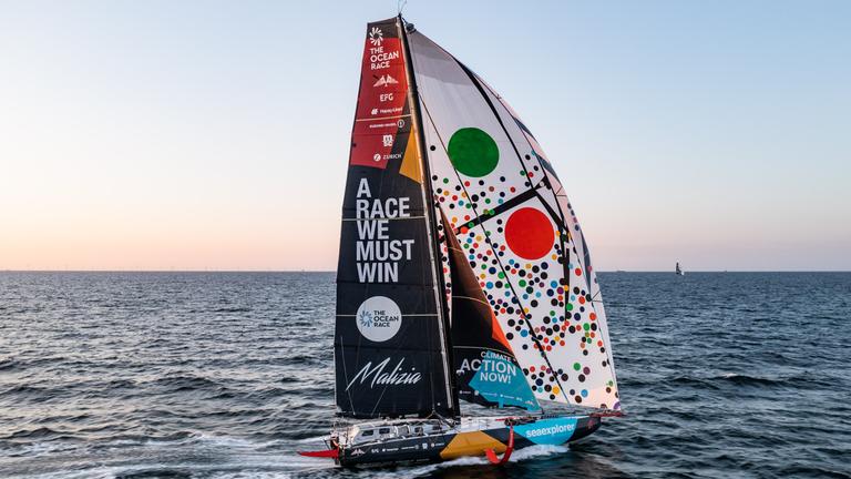 29.05.2023, Dänemark, Aarhus: Die «Malizia · Seaexplorer» des Segelteams von Boris Herrmann segelt dem Ocean-Reace-Finale entgegen. Auf Etappe sieben ringt die Mannschaft ohne Chance auf den Gesamtsieg nach gelungener Aufholjagd um einen letzten Etappensieg