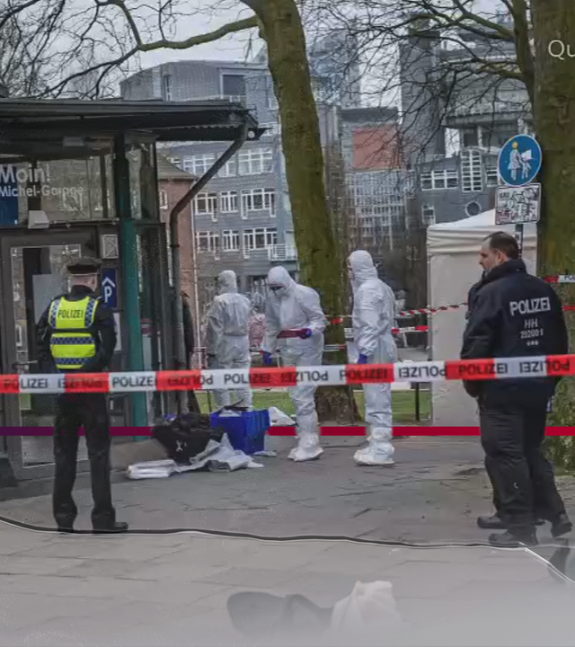 Tatortfoto. Eingang zu einer Tiefgarage in Hamburg. Viele Polizisten und Spurensicherer im Bild.