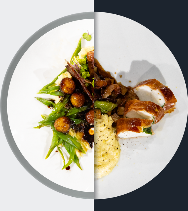 Seeteufelfilet alla Saltimbocca mit Kartoffelpüree, Birnen, Bohnen und Speck