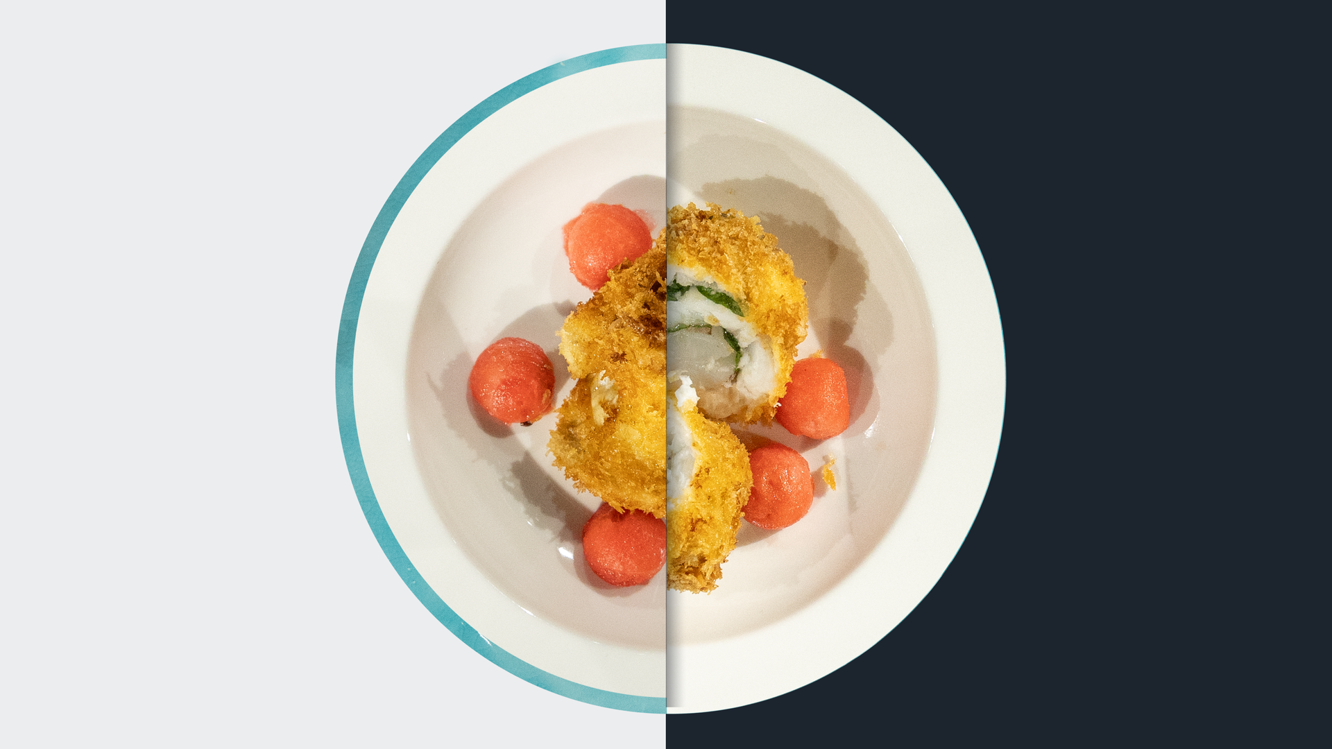 Gebackene Seezungen-Garnelen-Röllchen mit Wassermelonen-Gazpacho