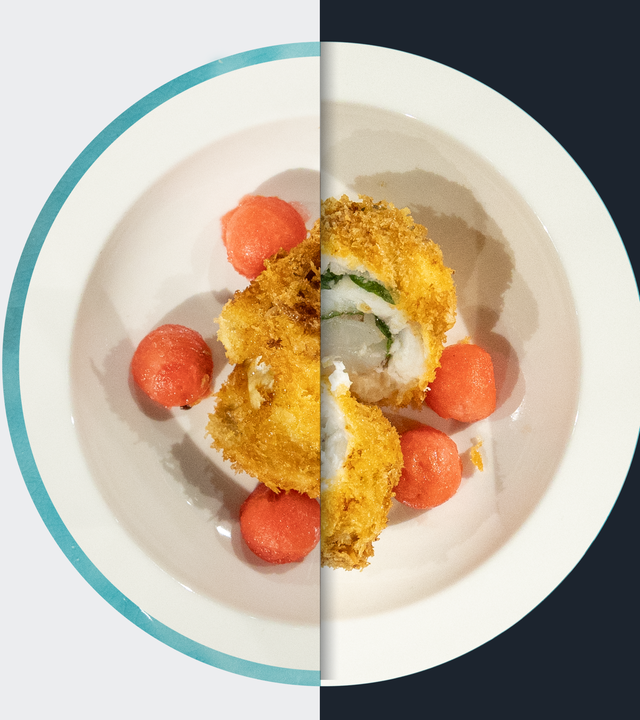 Gebackene Seezungen-Garnelen-Röllchen mit Wassermelonen-Gazpacho