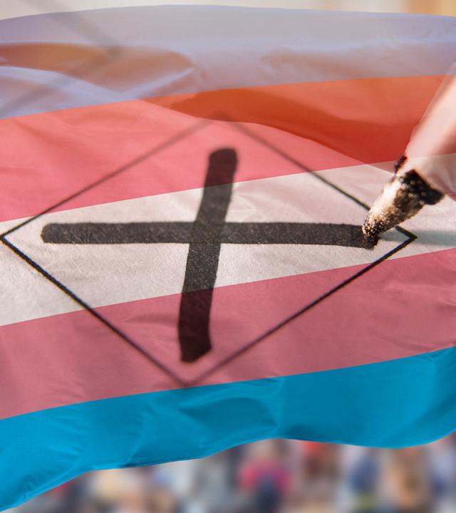 Eine Trans*-Flagge (mit hellblauen, rosa und weißen Streifen) im Hinetrgrund. In der Mitte ein Stift, der auf einem Dokument ein Kreuz setzt.