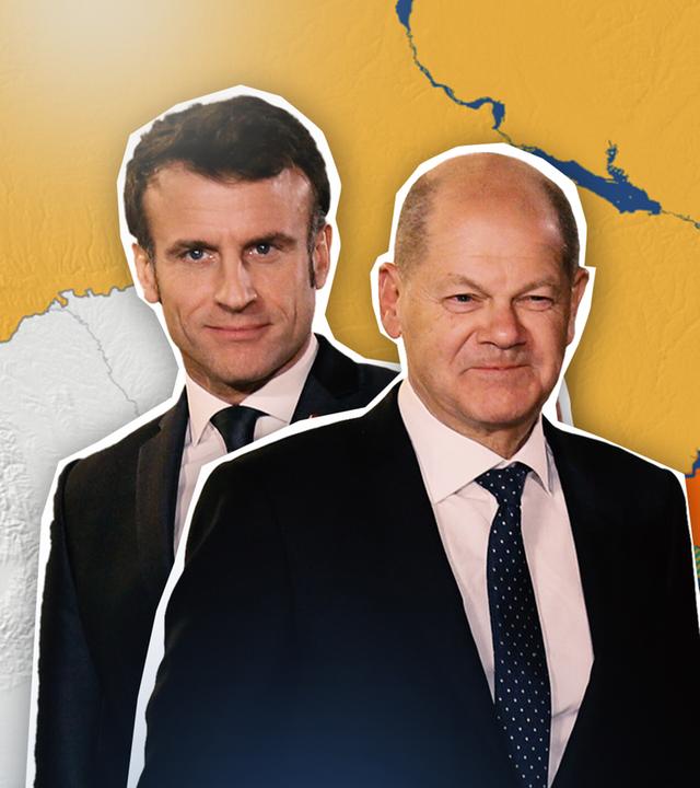 Der ukrainische Frontverlauf im Hintergrund rechts, Macron und Scholz im Vordergrund links. 