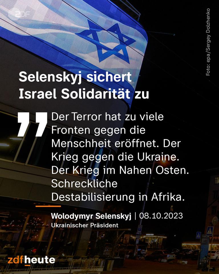 Ein Zitat von Selenskyj vor dem Hintergrund einer Israelischen Flagge.