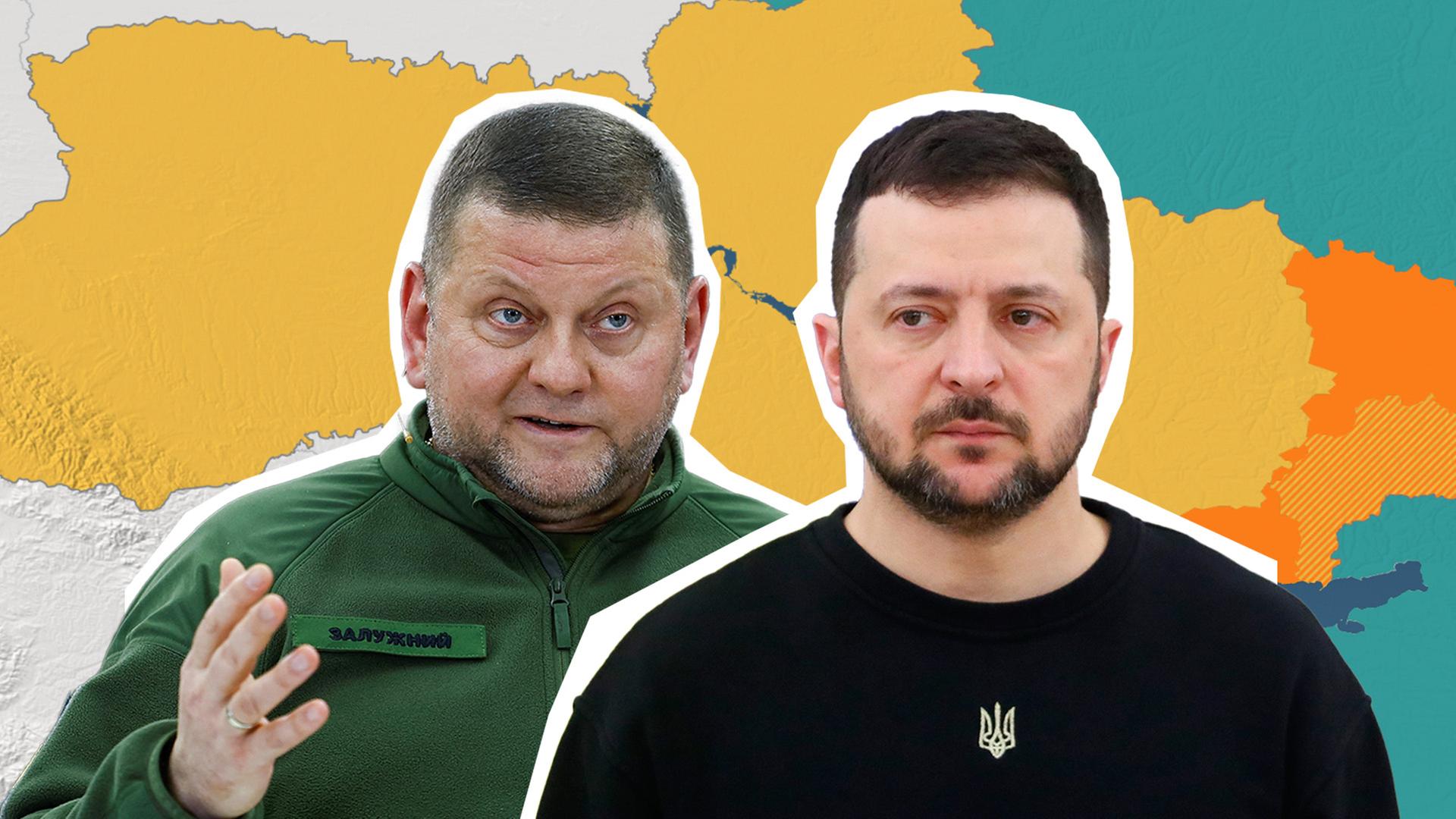 Präsident Selenskyj und Oberbefehlshaber Saluschnyj vor einer Ukraine-Karte