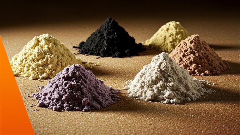 Seltene Erden liegen in unterschiedlichen Farben zu mehreren Häufchen auf Tischplatte