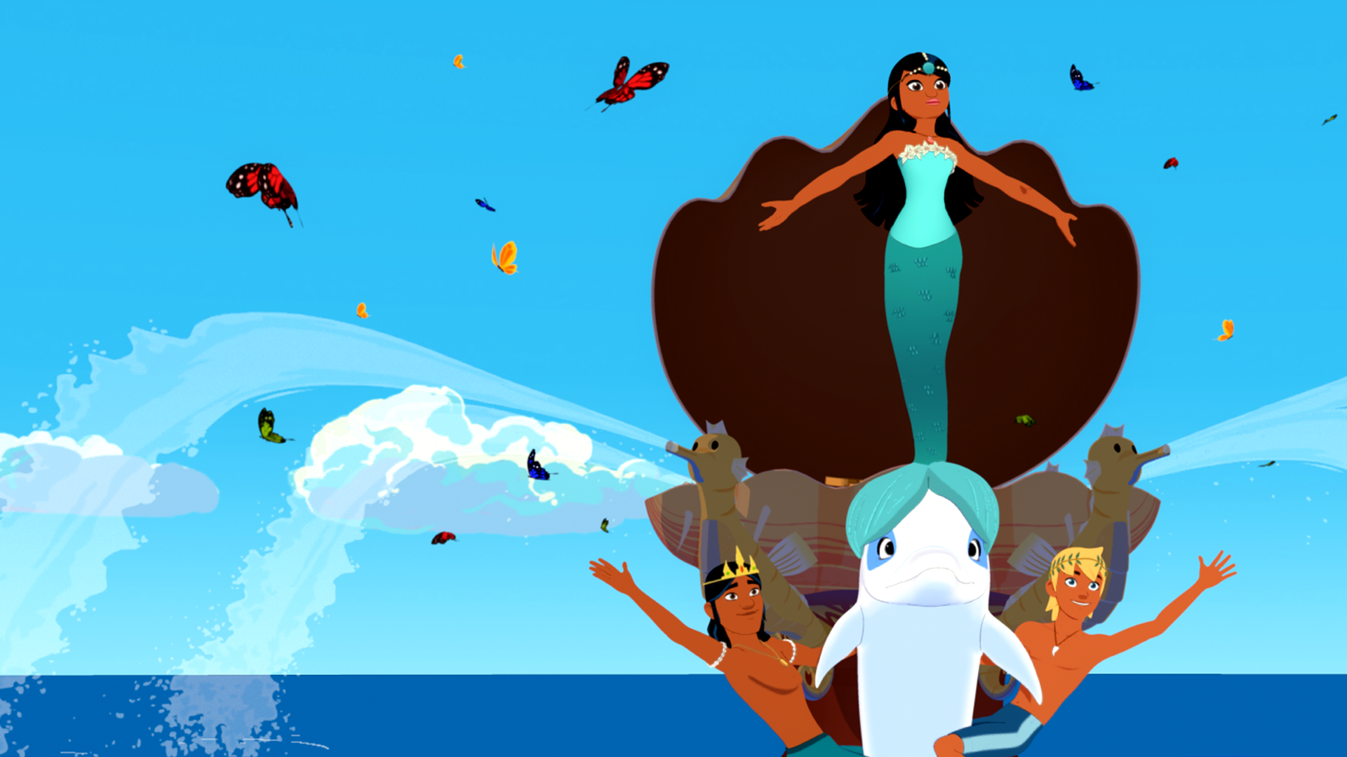 Timeti trägt ein Meerjungfrauenkostüm, während sie auf Zooms Kopf steht. Auru hängt links an Zoom, Yann rechts vom Delfin. Die vier proben ihren Auftritt für den reichen Geschäftsmann. Hinter ihnen ist ein Boot in Muschelform mit Seepferdchen, um sie herum fliegen Schmetterlinge.