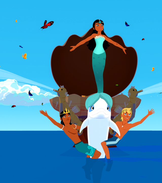 Timeti trägt ein Meerjungfrauenkostüm, während sie auf Zooms Kopf steht. Auru hängt links an Zoom, Yann rechts vom Delfin. Die vier proben ihren Auftritt für den reichen Geschäftsmann. Hinter ihnen ist ein Boot in Muschelform mit Seepferdchen, um sie herum fliegen Schmetterlinge.