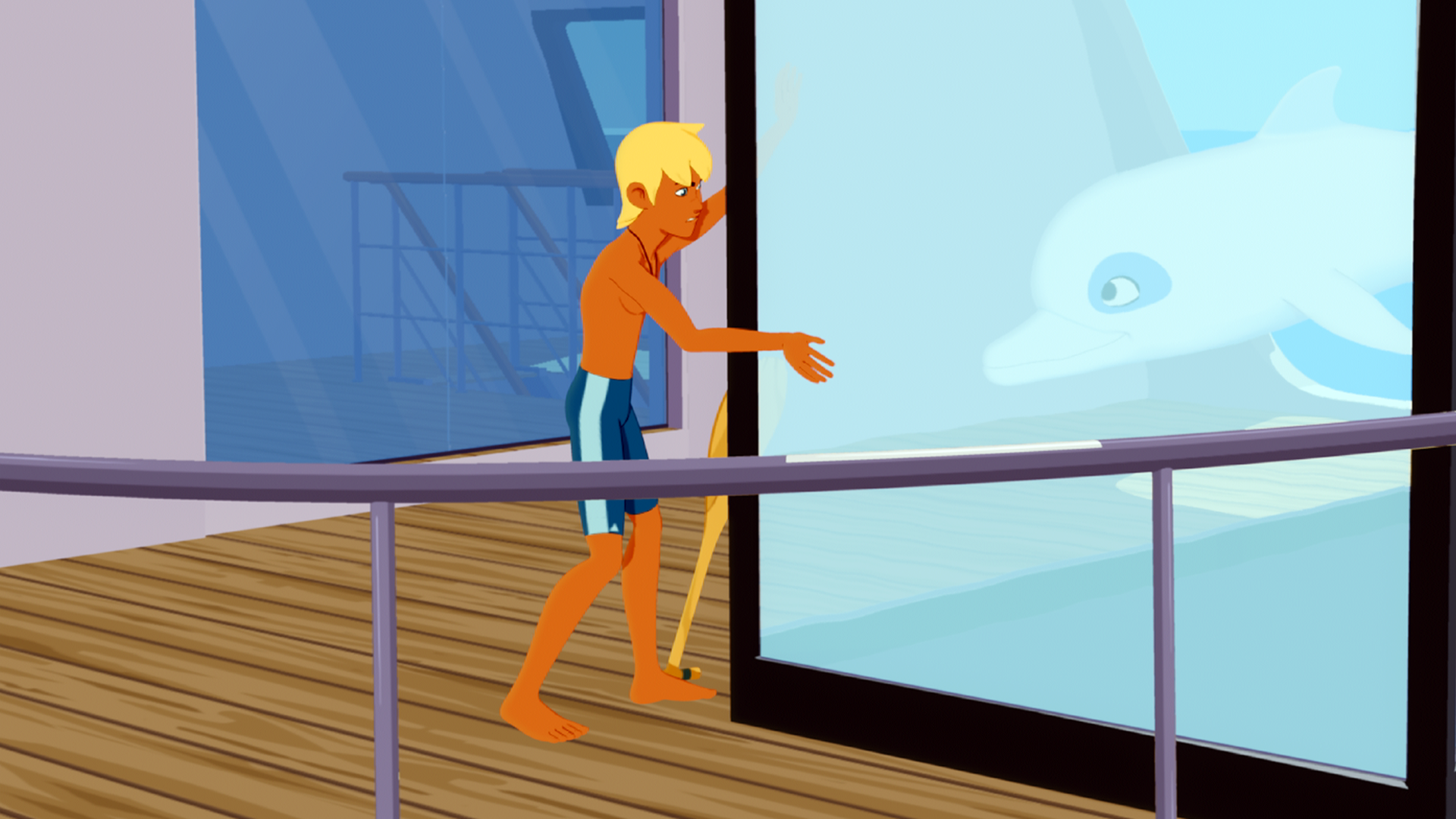 Yann steht links von dem Aquarium, in dem sich Zoom befindet.