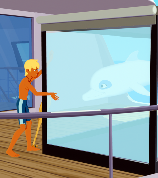 Yann steht links von dem Aquarium, in dem sich Zoom befindet.