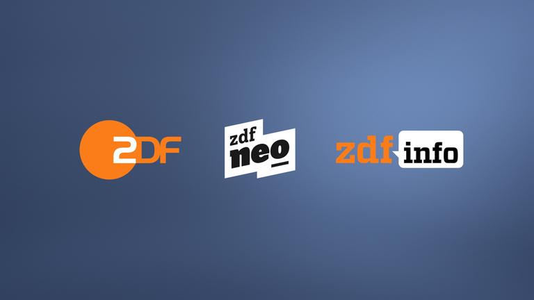 Typical für die ZDF-Senderfamilie: Die Sendelogos von ZDF, ZDFneo und ZDFinfo auf blauem Hintergrund