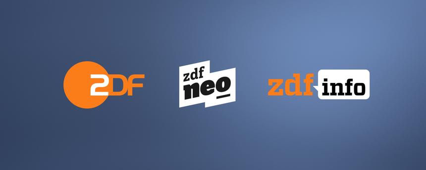 Typical für die ZDF-Senderfamilie: Die Sendelogos von ZDF, ZDFneo und ZDFinfo auf blauem Hintergrund