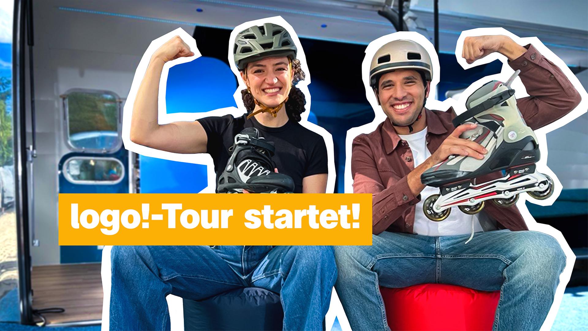 Eine Frau und ein Mann tragen Schutzhelm und lachen in die Kamera. Sie halten Inline-Skater. Links der Text: "logo!-Tour startet!"