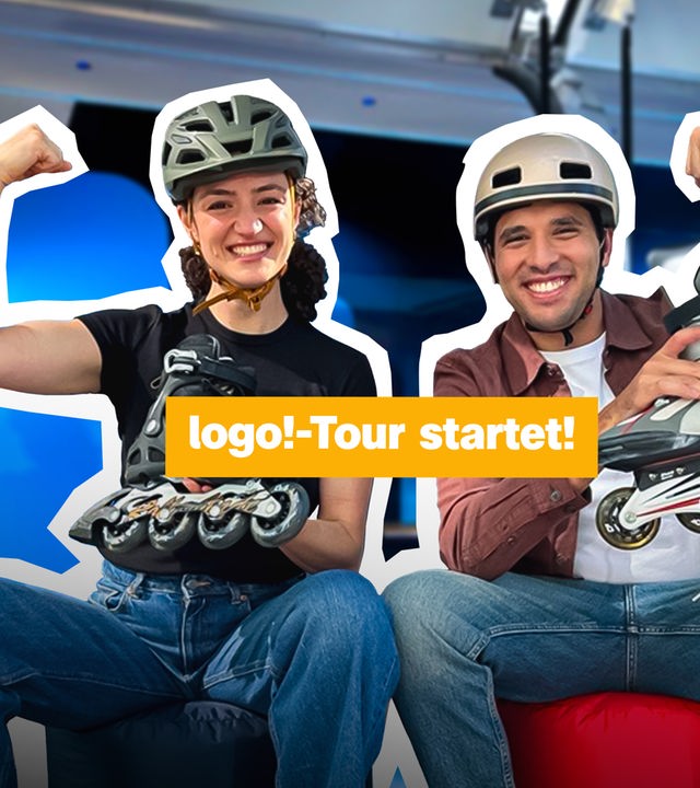 Eine Frau und ein Mann tragen Schutzhelm und lachen in die Kamera. Sie halten Inline-Skater. Links der Text: "logo!-Tour startet!"