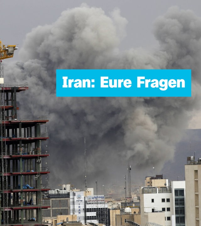 Rauchsäule in Iran mit Schrift "Iran: Eure Fragen"