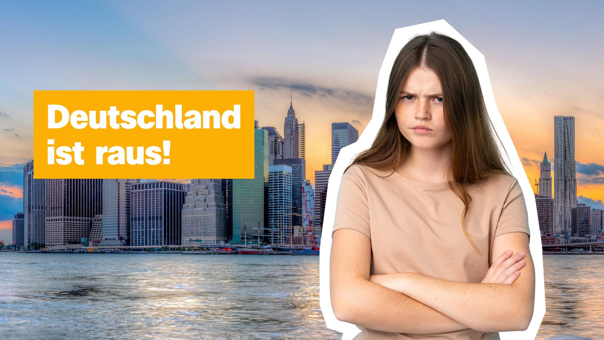 Junges Mädchen schaut grimmig, vor der Skyline von New York