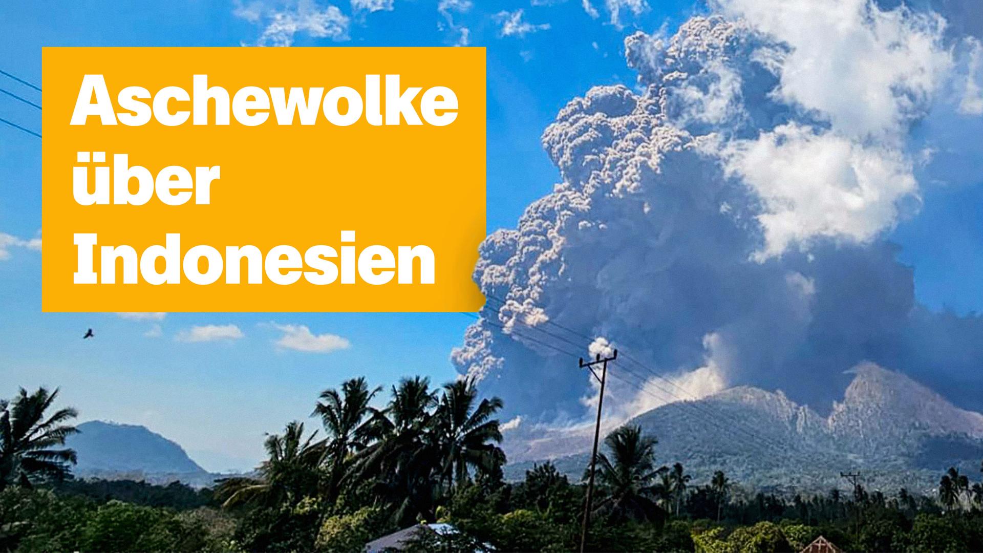 Hinter einer Reihe aus Palmen sieht man eine sehr große Rauchwolke über einem Berg aufsteigen. Links der Text: "Aschewolke über Indonesien"