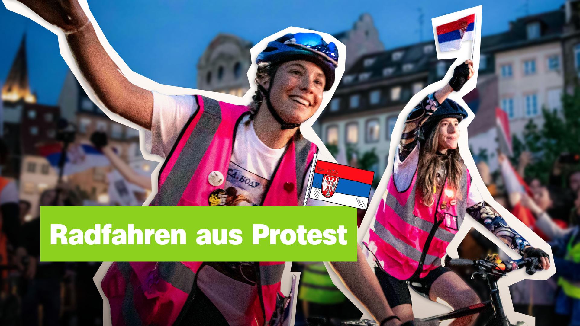 Zwei Radfahrerinnen tragen Warnwesten und schwenken die Flagge von Serbien. Links der Text "Radfahren aus Protest".
