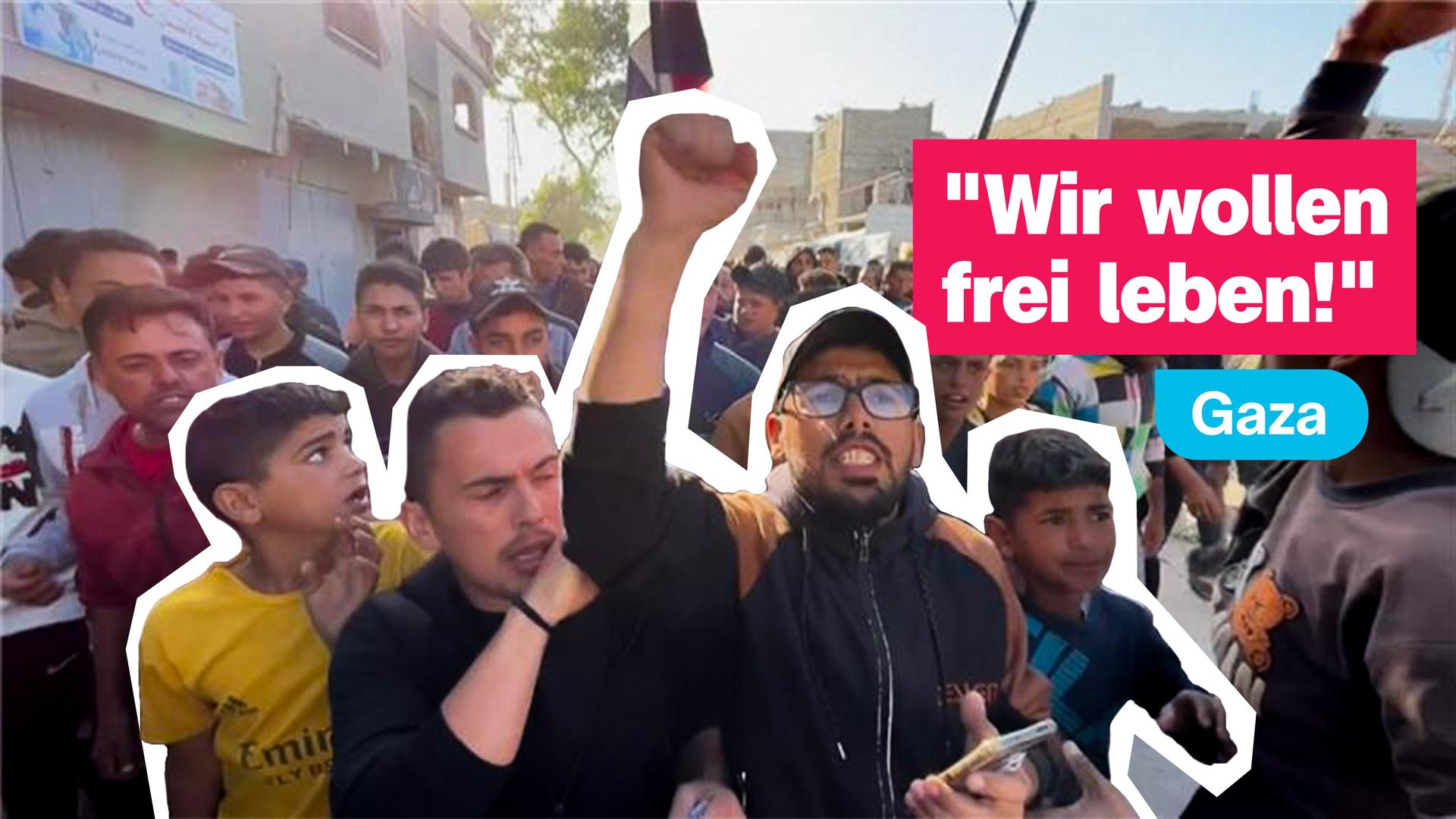 Ein Mann in Gaza hebt in einer Menschenmenge die Faust zum Protest. Daneben das Zitat: "Wir wollen frei leben!".