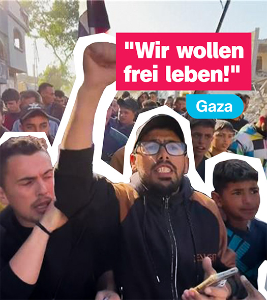 Ein Mann in Gaza hebt in einer Menschenmenge die Faust zum Protest. Daneben das Zitat: "Wir wollen frei leben!".