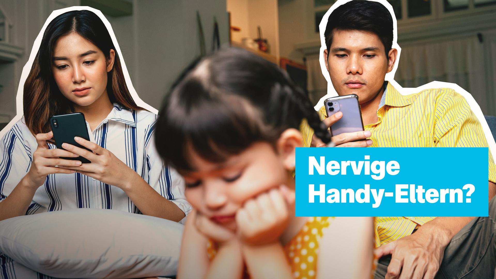 Im Hintergrund: Zwei Erwachsene sitzen auf der Couch, beide schauen auf ihr Smartphone. Im Vordergrund: Ein trauriges Kind, das den Kopf schmollend in die Hände legt. Daneben der Schriftzug: "Nervige Handy-Eltern?".