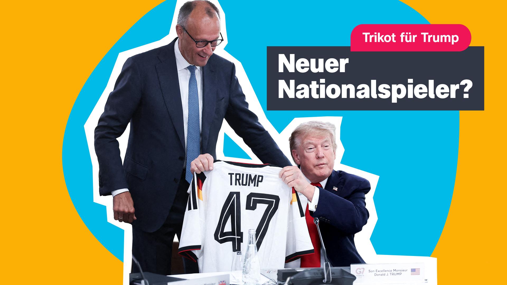 Friedrich Merz überreicht Donald Trump ein deutsches Trikot der Fußball-Nationalmannschaft und Schriftzug: "Trikot für Trump - Neuer Nationalspieler?"