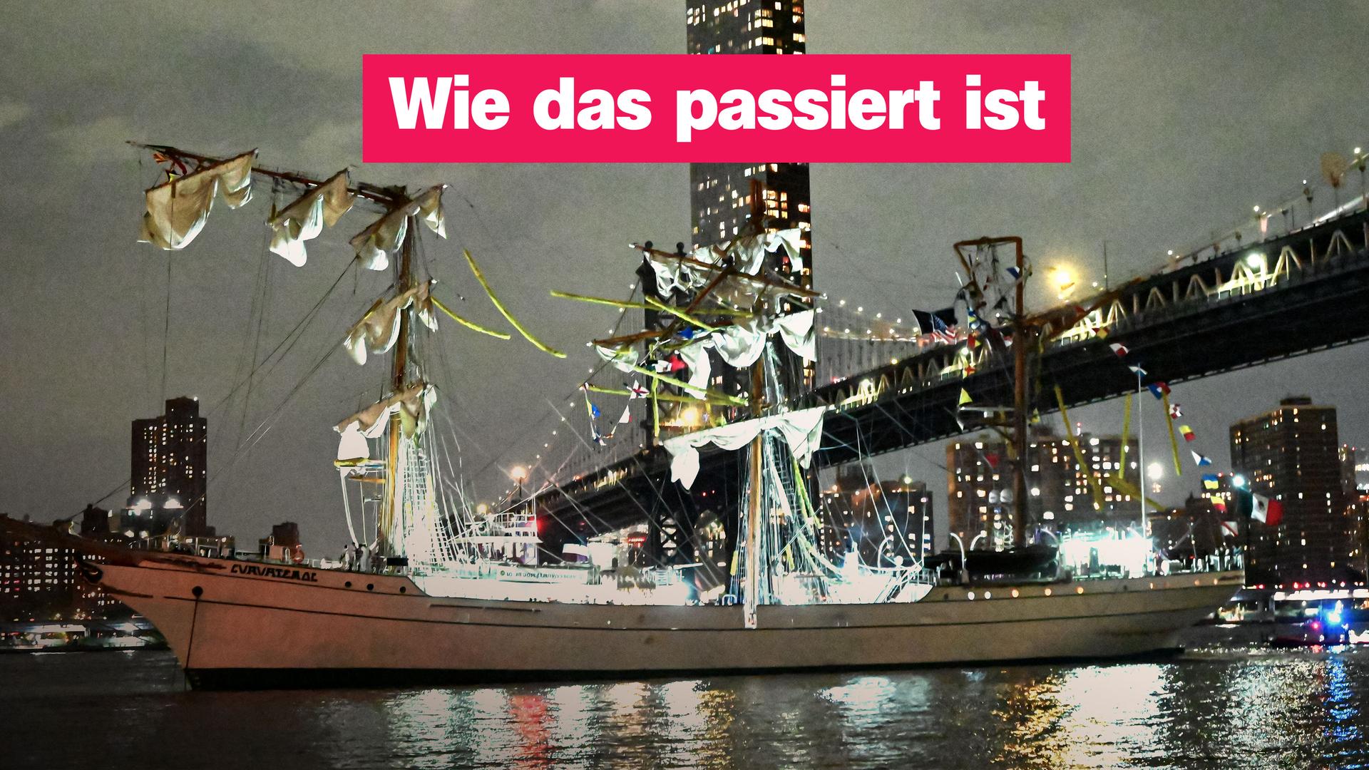 Ein Segelschiff fährt bei Nacht gegen eine Brücke. Darüber der Schriftzug: "Wie das passiert ist".