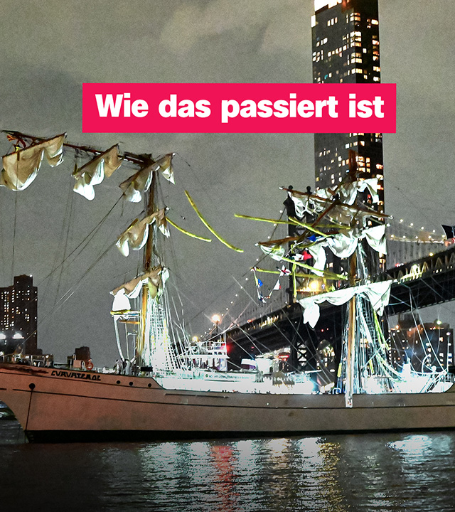 Ein Segelschiff fährt bei Nacht gegen eine Brücke. Darüber der Schriftzug: "Wie das passiert ist".