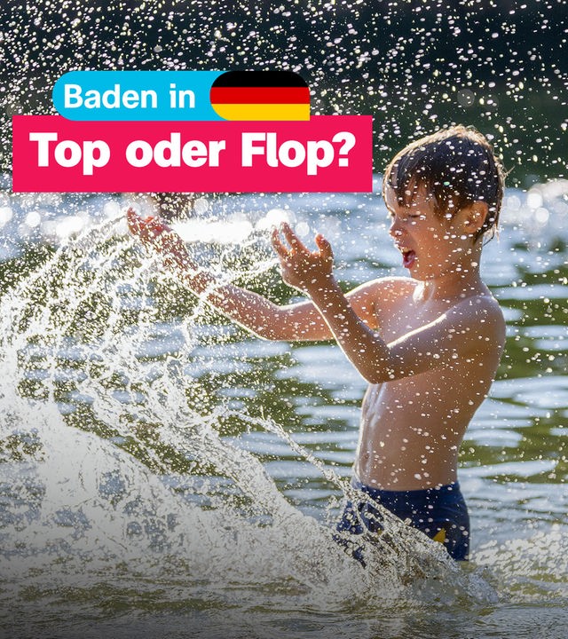 Ein Junge steht bis zur Badehose in einem Gewässer und spritzt wild mit Wasser. Daneben der Schriftzug: "Baden in Deutschland, top oder flop?".
