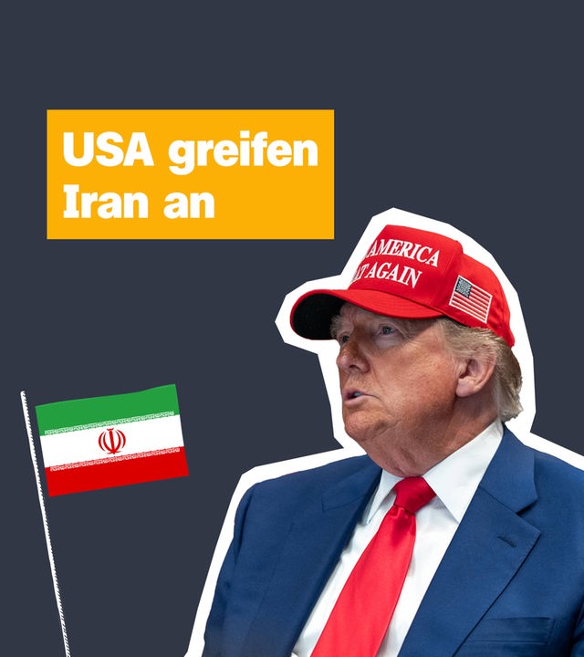 Donald Trump im Anzug und mit "Make Amerika Great Again"-Kappe. Daneben die Flagge des Iran und der Schriftzug: "USA greifen Iran an".