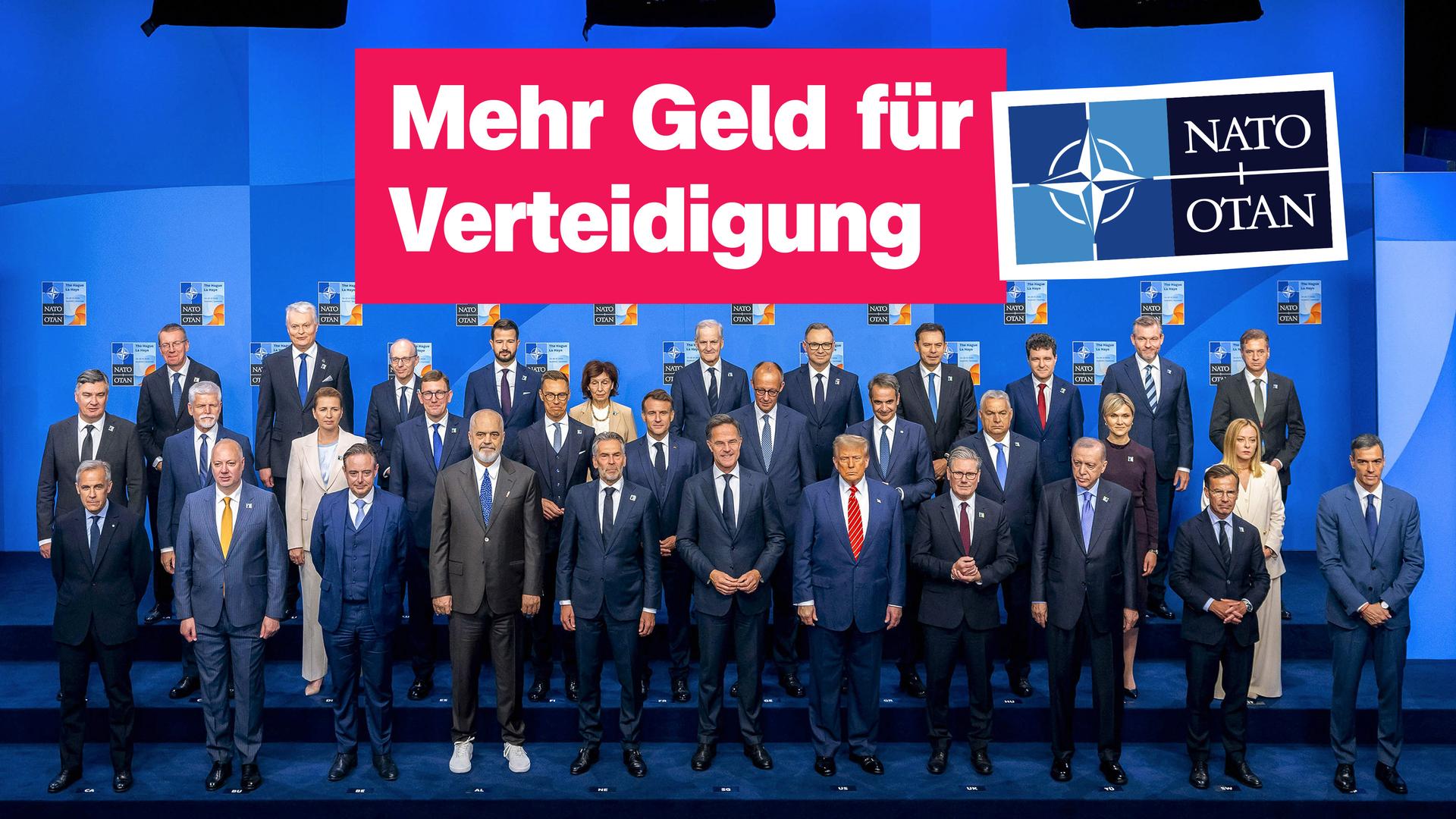 Viele Politikerinnen und Politiker posieren vor einem blauen Hintergrund für ein Gruppenfoto. Über ihnen steht in rot: "Mehr Geld für Verteidigung".