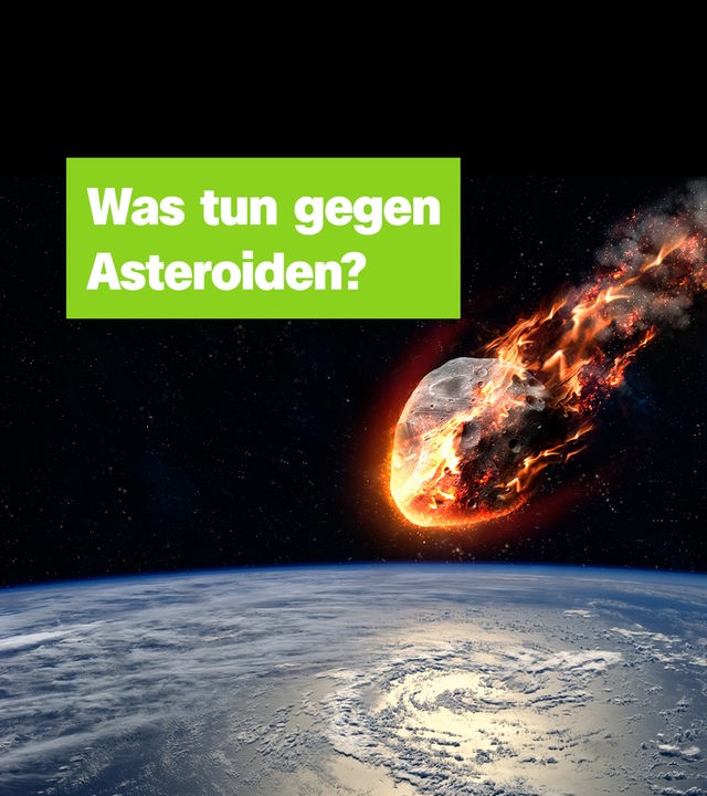 Ein brennender Asteriod fliegt nahe der Erde durchs Weltall, links davon der Text "Was tun gegen Asteroiden?" 
