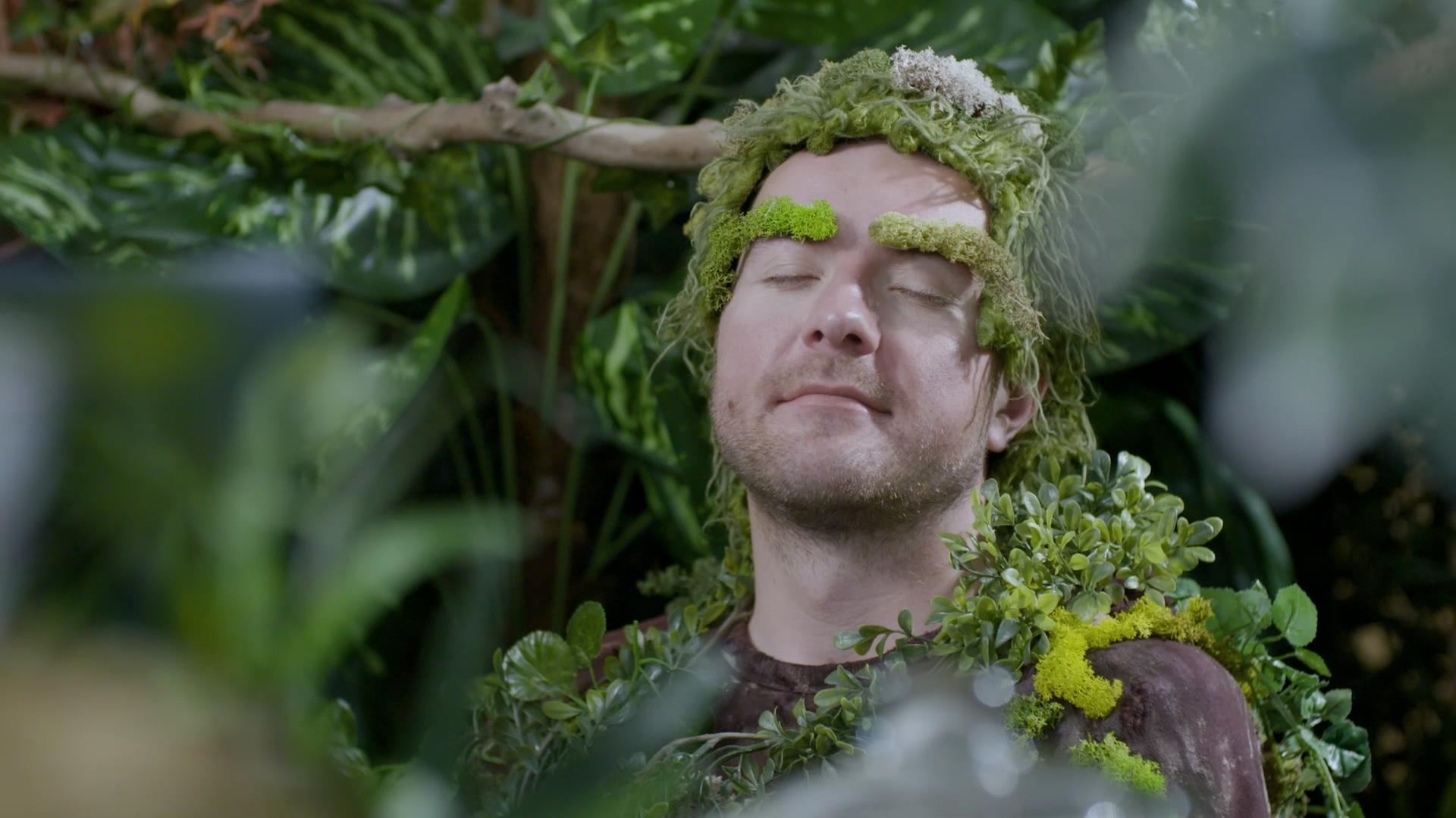 Ein junger Mann sitzt mit geschlossenen Augen am Schreibtisch, umgeben von zahlreichen Pflanzen. Der Mann selbst ist von Pflanzen überwuchert.