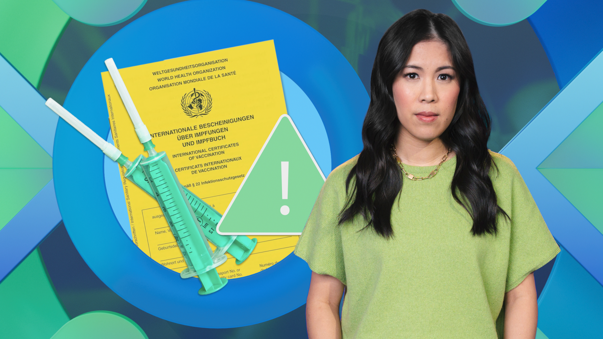 Mai Thi Nguyen-Kim schaut besorgt in die Kamera. Sie steht vor einem blau-grün-gemusterten Hintergrund, links von ihr zeigt eine Grafik einen Impfpass, zwei Spritzen und ein Warndreieck.