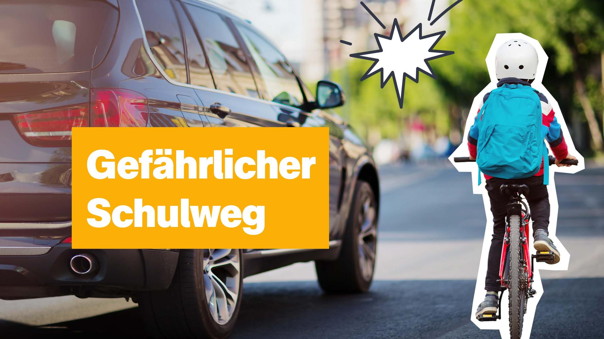 Ein Kind mit Rucksack fährt auf einem Fahrrad neben einem Auto auf der Straße. Links der Text: "Gefährlicher Schulweg". 