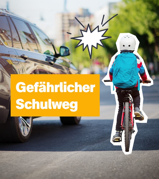 Ein Kind mit Rucksack fährt auf einem Fahrrad neben einem Auto auf der Straße. Links der Text: "Gefährlicher Schulweg". 