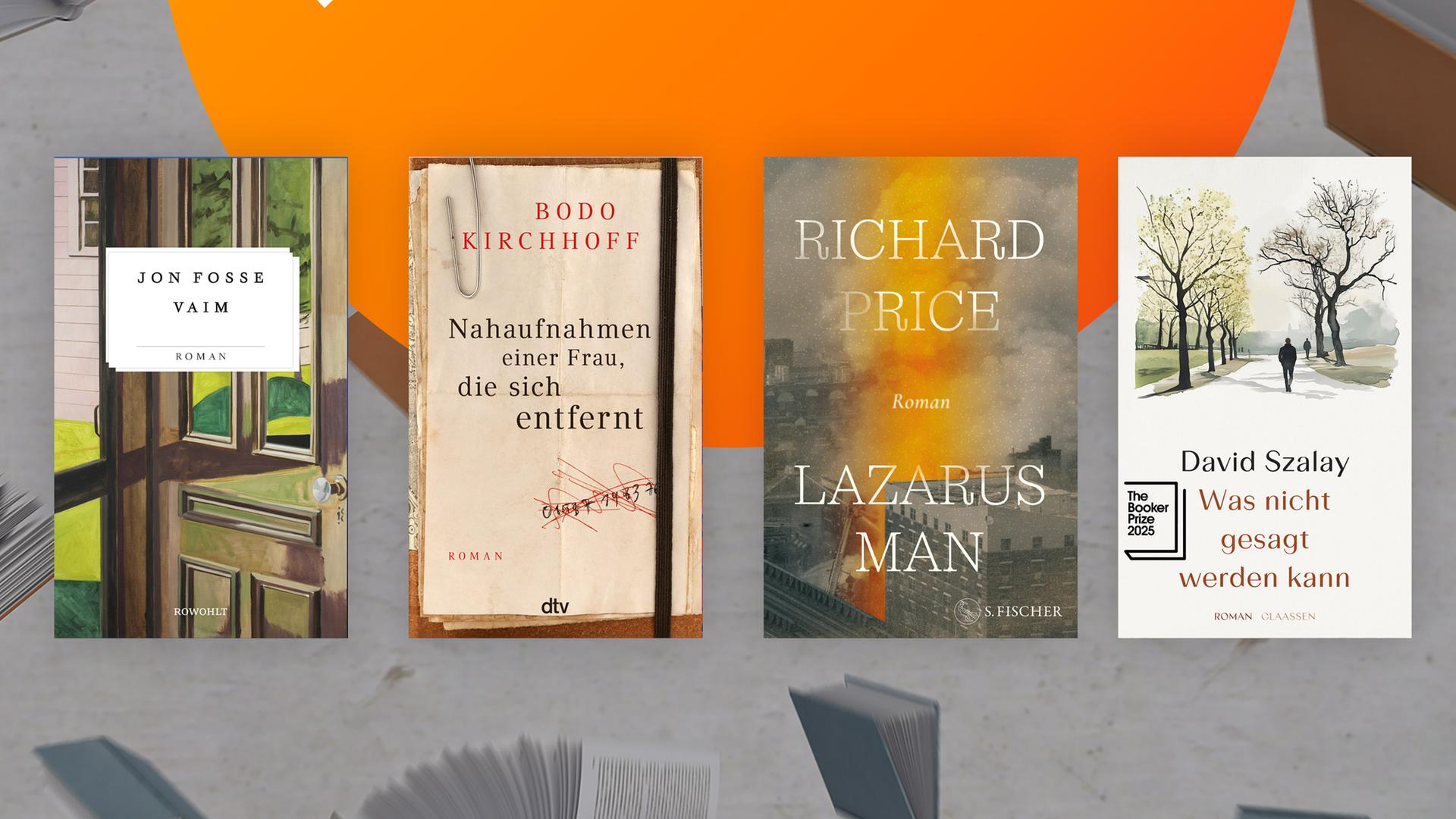 Das Sendungsplakat des "Literarischen Quartetts" im Februar 2026 mit den vier Covern der Bücher, die in der Bücherrunde besprochen werden: Jon Fosse, „Vaim“, Rowohlt Verlag, David Szalay, „Was nicht gesagt werden kann“, claassen Verlag, Richard Price, „Lazarus Man“, S. Fischer Verlag, Bodo Kirchhoff, „Nahaufnahme einer Frau, die sich entfernt“, dtv